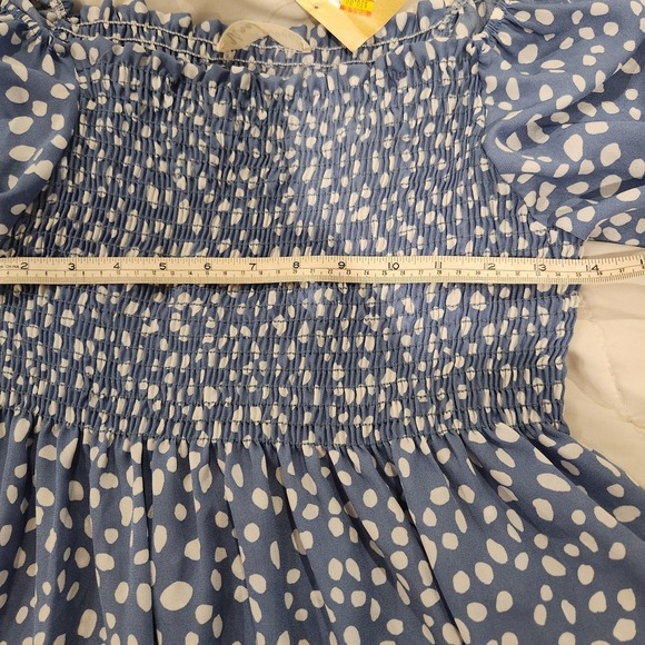 DIA Women's Blue White Smocked Midi Peasant Cottagecore Babydoll  Dress‎ Size L - Picture 6 of 8